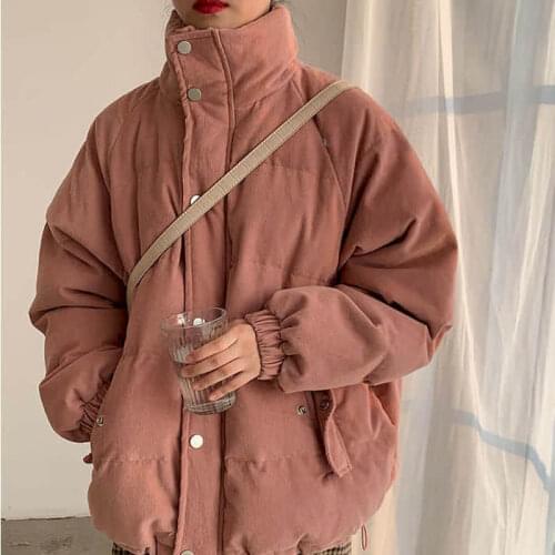 New Winter Harajuku Loose Thick Standneck Corduroy Jackets Women Long Sleeved Casual Coats Pink Tops