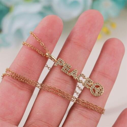 Trendy Womens Letter PEACE Word Copper Metal CZ Zircon Peace Symbol Necklaces Pendants Gold Stainless Steel Chain Necklace Gift