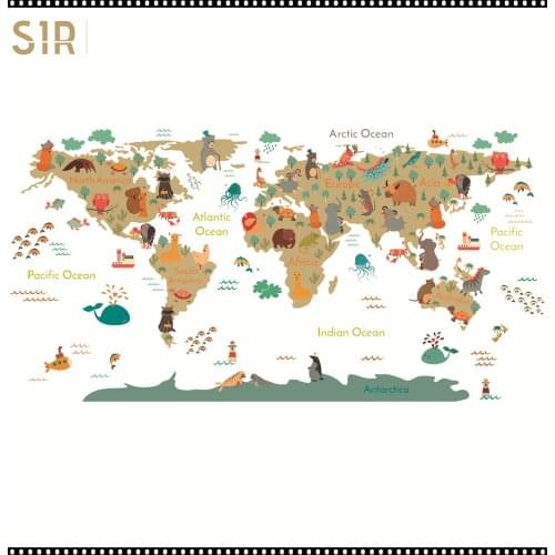Cartoon World Map Wall Stick Hd Decorative Painting Living Room and Bedroom Wall Stick Animation Poster for Art Childrens Room