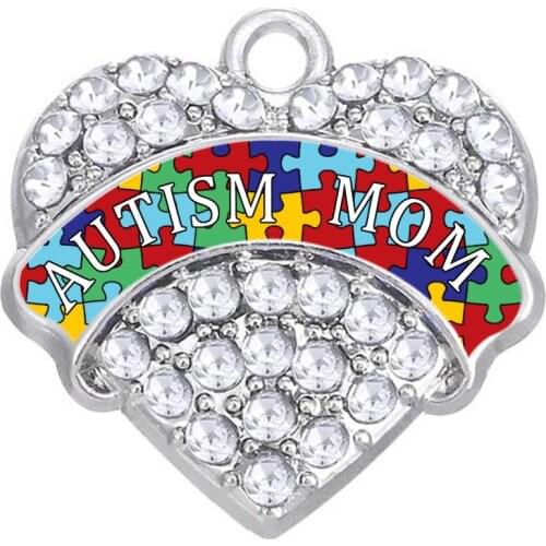Personalized Custom Words Accept Silver Plated Alloy Heart Message Autism Mom Crystal Charm Pendants Awareness Jewelry