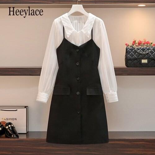 Plus size office ladies elegant two piece set women white blouse and spaghetti straps mini dresses suits korean vintage outfits