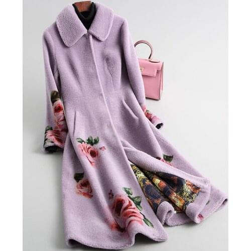 Shearling Sheep Real Fur Coat Winter Jacket Women 100% Wool Coat Female Print Korean Long Jackets Manteau Femme MY4211 s