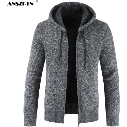 ANSZKTN Thick Cardigan Sweater Men Long Sleeve Knitted Sweater High Quality Winter Hooded Zipper Homme Warm Mens Cardigans Coat