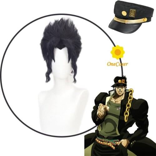 JOJOs Bizarre Adventure Kujo Jotaro Cosplay Short Black Wig Hat Golden Wind Heat-resistant Fiber Hair + Wig Cap Party Props Men