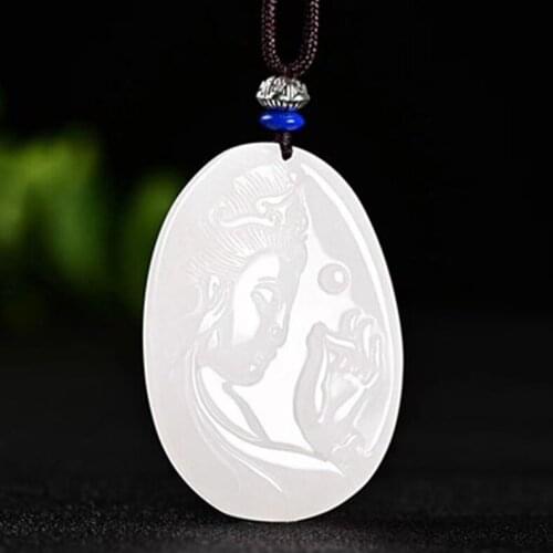 Natural Afghanistan White Jade Guanyin Pendant Necklace Jewellery Fashion Accessories Hand-Carved Luck Gift Sweater Chain