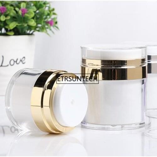 50pcs 15g 30g 50g Gold Empty Acrylic Cream Jars Cans Pot Top Press Style Vacuum Bottle Sample Vials Airless Cosmetic Container