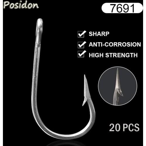 Posidon 7691 20 Pcs/Pack Stainless Steel Shark Fish Hooks Sea Big Game J Type Fish Hooks Fish Tuna Bait Fishhooks