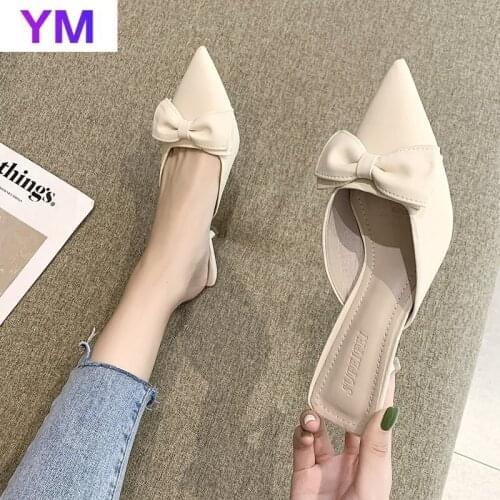 Summer Women Sandals Pointed Toe Solid Color Bowknot Dress Shoes Pumps Thin High Heels Sandals Zapatillas Casa Mujer Slip-On
