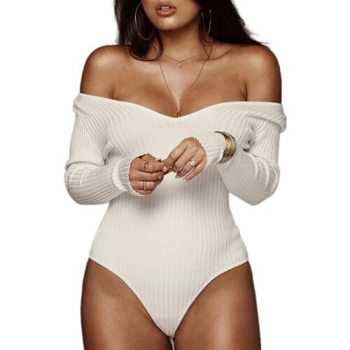 Sexy V-Neck Off Shoulder Bodysuits Women Long Sleeve Rompers Stretch Slim Fit Leotard Tops Bodysuit