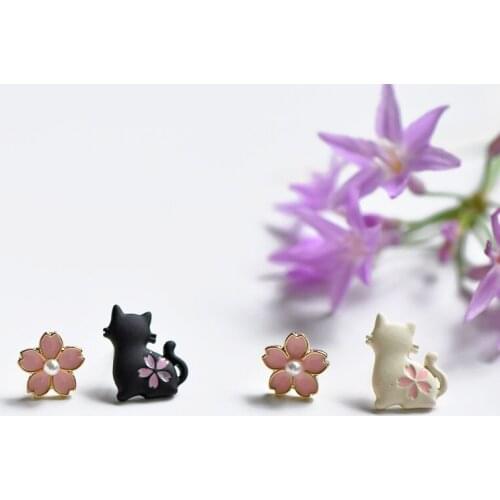 Cute Cat Flower Earrings For Women Simple Elegant Sweet S925 Needle Animal Plant Stud Ear Jewelry Good Gift
