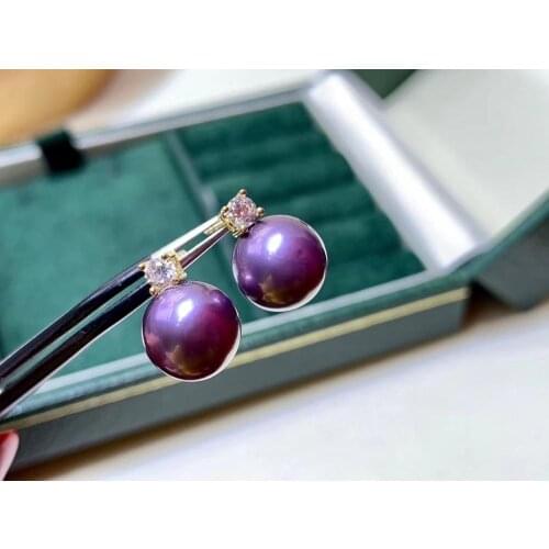 D405 Pearl Earrings Fine Jewelry Solid 18k Gold Natural Round 8-9mm Fresh Water Purple Pearls Stud Earrings for Women Presents