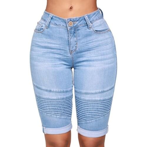 Fashion streetwear bleached washed cuffs denim motorcycle pants pantacourt femme,breeches for women,bicycles for women 2019