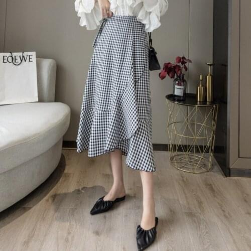 One Piece Plaid Fishtail Skirt Women Summer New High Waist Long Skirt Woman Irregular Lace Up A-line Ruffle Skirt Women