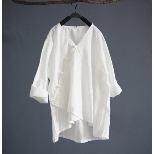 Women Casual Retro Cotton Chinese Style V neck Blouse Handmade button Solid Color irregular Bottom Shirts Wrinkle Cotton Shirts