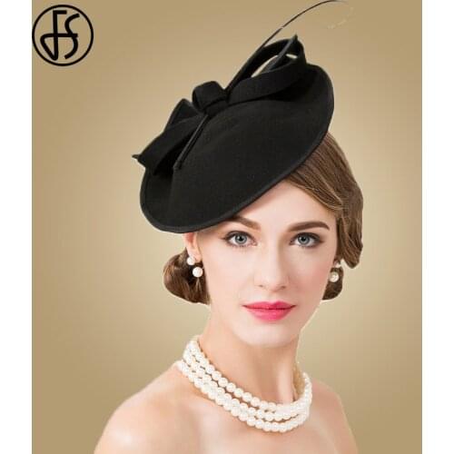FS 100% Wool Black Hat Church Elegant Ladies Formal Vintage Felt Fedoras Wedding Fascinators Hats For Women Pillbox Female Cap