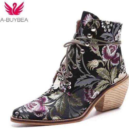 High heel ankle boots free shipping women shoes winter 2018 New woman embroidered boots botines mujer botte femme bottine Flower