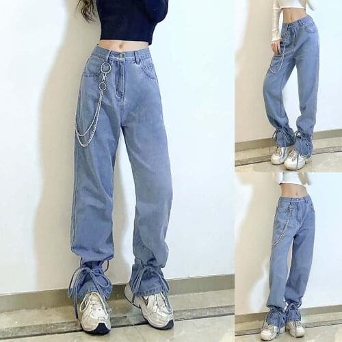 Fashion personality can be banded strap chain high waist loose womens jeans spring and summer new pantalon femme SAGACE