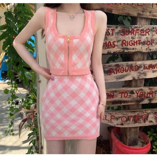 Plaid Knit Suspenders Short Vest Mini Skirt Womens Two-piece Set 2021 Summer Sexy Sleeveless Beach Sweet Party Women Sets New