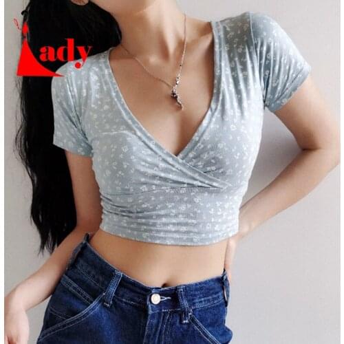 Women Floral Print Crossover V-neck Short Sleeved Crop Top Cotton Blend Crop Tee