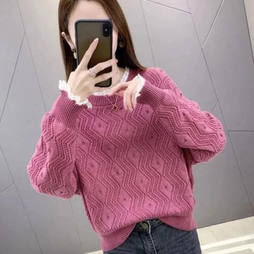 Spring Summer Autumn New Sweater Womens Korean Lace Round Neck Thin Cut Out Pullover Women Long Sleeve Loose Knitted Top Female
