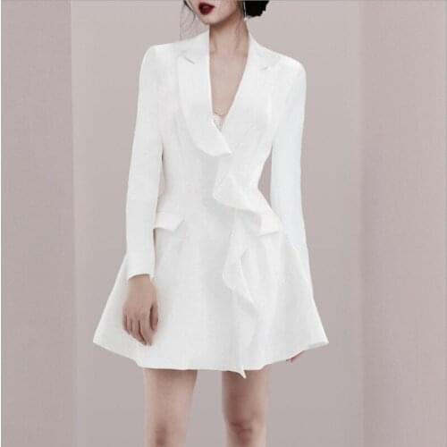 Dress Suits For Women Long Sleeve Blazer Jacket Runway Designer White Elegant Ruffle Office Ladies Mini Dresess Female Plus Size