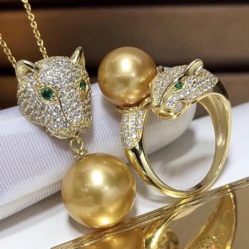 D328 Pearls Sets Fine Jewelry 925 Sterling Silver Natural 10-12mm Fresh Water Golden Pearls Jewelry Sets for Women