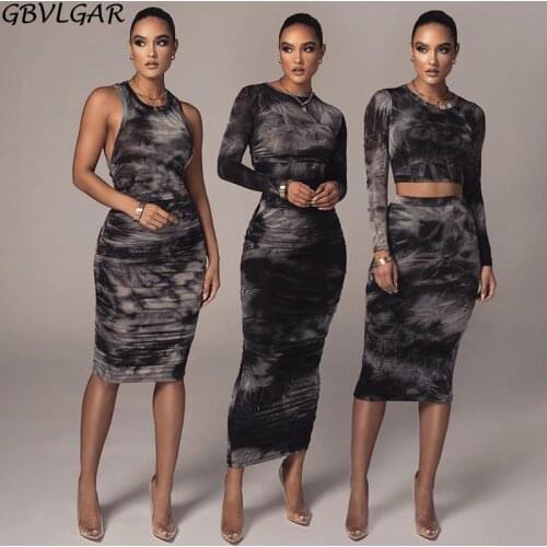 O Neck Printed Tie-Dye Bodycon Dress For Women Party Two Piece Set Midi Dress Colorful Clothing Autumn Slim Outfits Streetwear