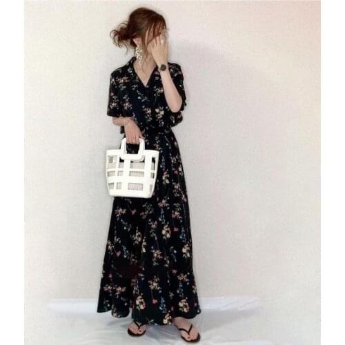 2021 Summer New Japanese Simple Black Floral Elastic Waist Thinner V-neck Casual All-match Women Big Swing Dress Free Shipping