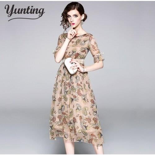 2021 High quality luxury Runway Summer Chiffon Women Printed half Sleeve dress vestidos
