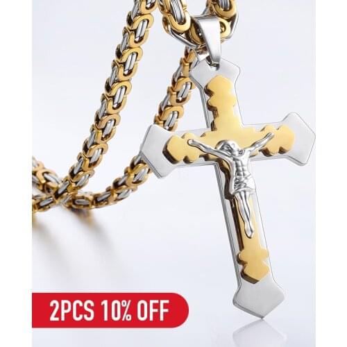 Gold Silver Color 2 Layers Jesus Cross Pendant Necklaces For Men Stainless Steel Byzantine Chain Necklace Mens Jewelry DKP487