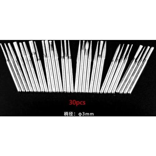 30PCS 3mm Diamond Point Burr Bits Head Dremel Accessories Shank Grinding Needle Carving Polishing Set Mounted Mini Drill Tool