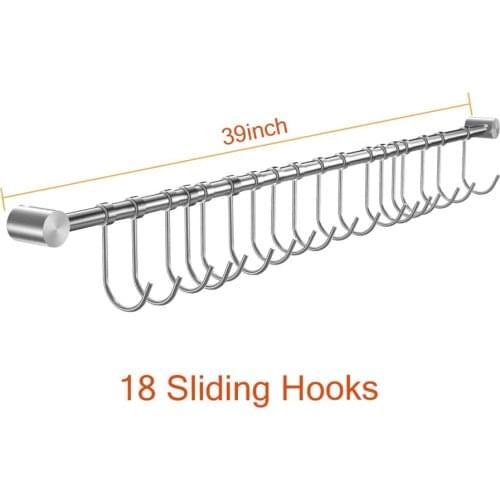 39inch Hanging Rail with 18 Sliding Hooks Longer Poles could Hang More ItemsKitchen, bathroom, bedroom, wall mount, strong load