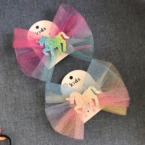 8pieces/set Colorful Rainbow Unicorn Mesh Hair Bows Handmade Hair Clips Side Cute Party Hairpin Fashion School Hair Accessories