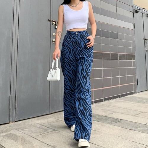 Print High Waist Pants Women Fashion Casual Long Trousers Ladies Blue Straight Sweatpants Streetwear Five Star Letter Jeans