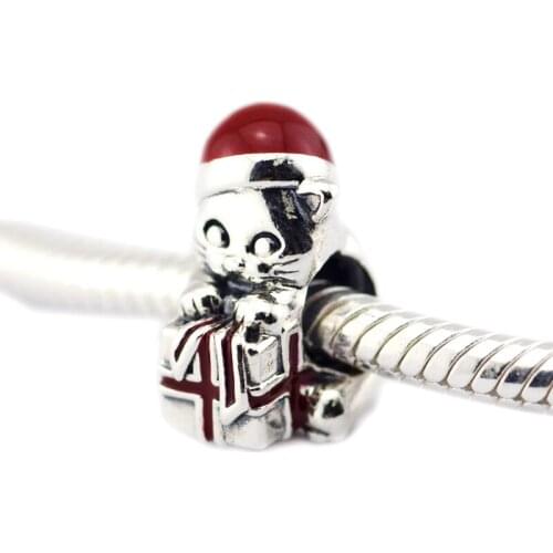 Christmas Kitten Berry Red Enamel Charm Woman DIY Beads For Jewelry Making Sterling Silver Jewelry Fits For Beaded Bracelets