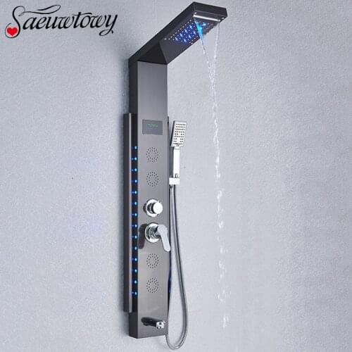 Black Wall-Mounted Shower Panel Shower Column With Waterfall Nozzle, Led Light Back Spray Massage Temperature Digital Display