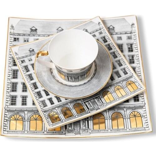 Palace Gold Swan Castle Decorative Bone China Cup and Saucers Plate Retro Building Snack Tray Quality Italy Fruit Dessert Plate