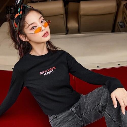 SEMIR Women Short T-Shirts Bottoming Shirt For Spring 2020 New Style Black Contrast Inner Long Sleeve T Shirt O Neck Western Sty