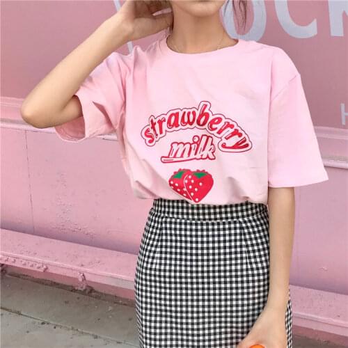 Cute sweet girl Harajuku Loose Strawberry Milk Print Womens Short Sleeve T-shirt Harajuku pink fun kawaii casual tops Ulzzang