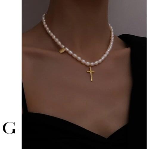 GHIDBK Stainless Steel Jewelry Wholesale Minimalist Natural Freshwater Pearls Cross Coin Pendant Chokers Street Style Necklaces