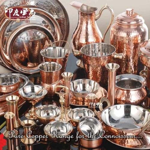 Indian tableware pure copper handmade brass soup rice bowl metal plate and spoon set