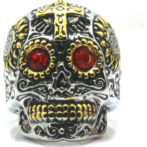 Personal Design Size 7 To Size 15 Unisex 316L Stainless Steel Carved Flower Cross Skull Red Stone Eye Ring