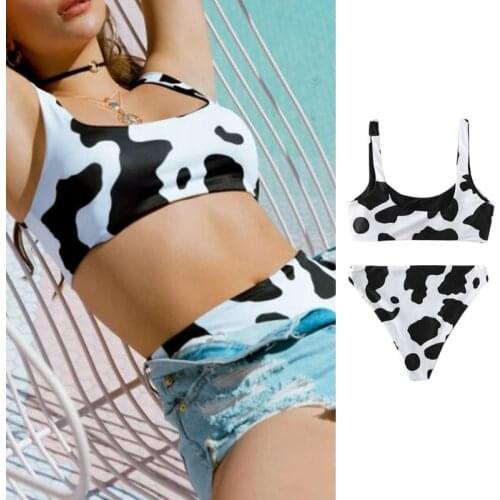Women Sexy Two Piece Milk Cow Printed Bikini Set Sexy Scoop Neck Push Up Vest Top Swimsuit High Cut Brazilian Triangle Bottom Ba