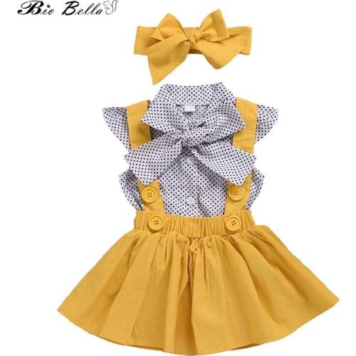 Girls Skirts Suit Baby Girls Clothing Sets Summer Flying Sleeve Polka Dot Blouse+Strap Skirt+Headband 3 pieces Princess Suit
