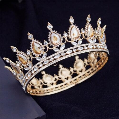 Baroque Princess Circle Diadem Yellow Crystal Crown Birthday Party Tiaras Headdress Bridal Wedding Crown Hair Jewelry Ornaments