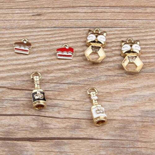Fashion Dangle Charms Gold Alloy Colorful Cute Rhinestone red wine bottle cake Fox Enamel Charms Handmade Jewelry Findings DIY