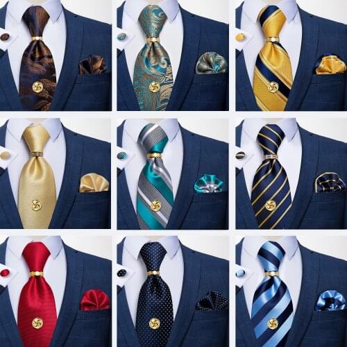 Men Tie Navy Gold Feather Pattern Business Formal Necktie Handkerchief Cuffinks Ring Set Jacquard Woven Silk Wedding Tie DiBanGu