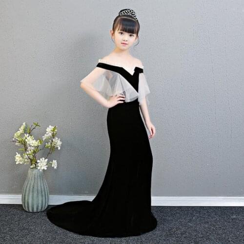 2019 New Black Slim Stage Catwalk Mermaid Dress Birthday Party Evening Dress For Girl Modis Shoulderless Spliced Vestidos Y1546