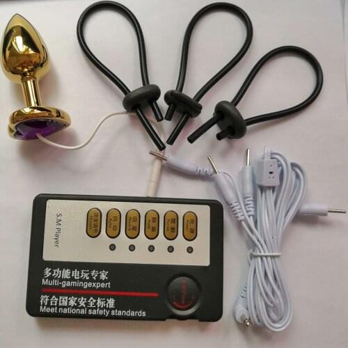 New Penis Plug & Rings Electric Shock Host and Cable electro shock sex toys electro stimulation sex toys for TENS adult game