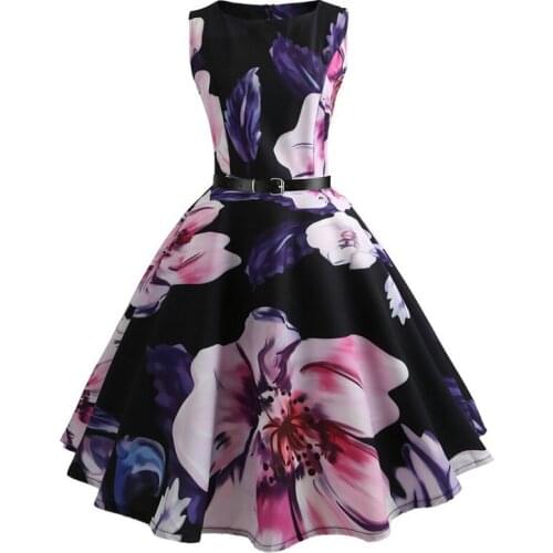 New summer lotus Floral Print Women Summer Dress 50s 60s Retro Swing Vintage Dress With Belt sexy dress A-Line Party Dresses